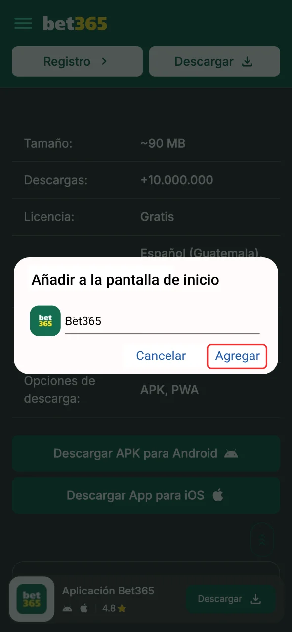 Acepta la descarga en la ventana emergente para obtener Bet365.