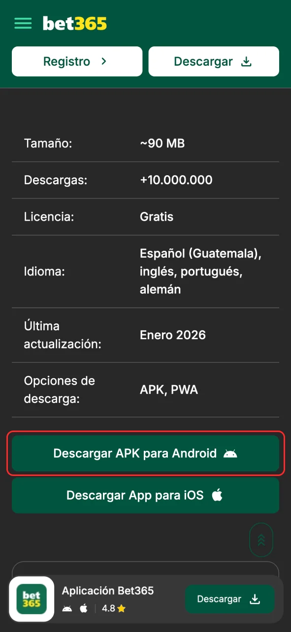 Presiona el botón para descargar el APK de Bet365 en tu teléfono.