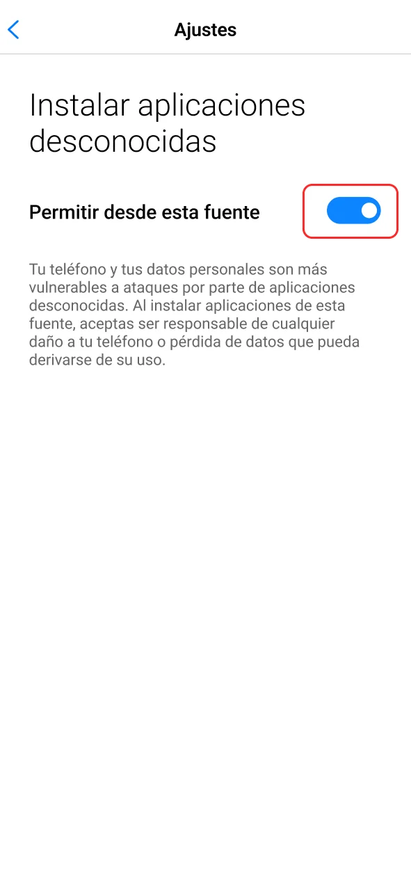 Activa fuentes desconocidas en ajustes para instalar Bet365.