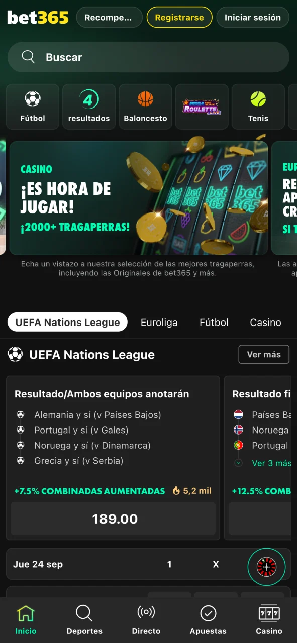 Revisa la interfaz principal de la app de Bet365 para apostar en vivo.