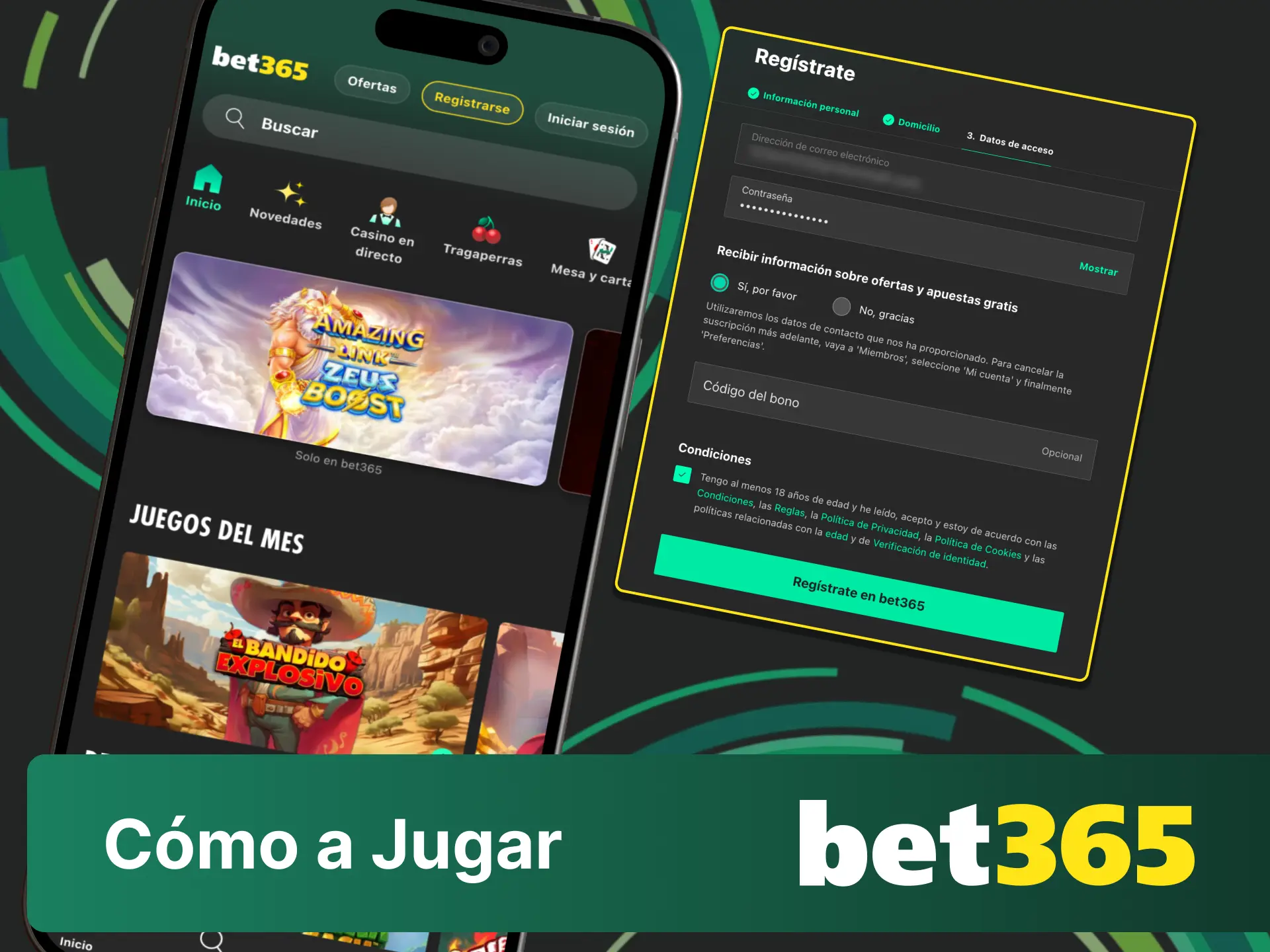Elige tu juego de casino o evento deportivo en Bet365 y haz tu primera apuesta.