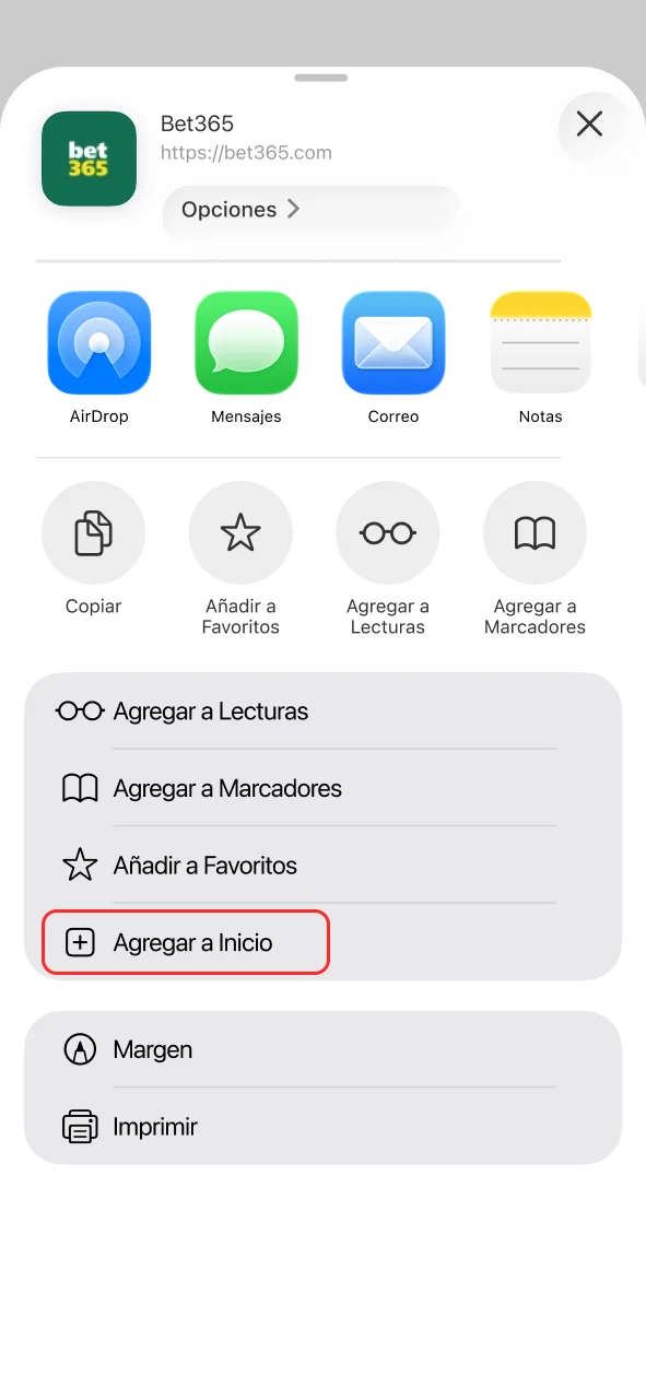 Selecciona Agregar a pantalla de inicio y guarda el acceso de Bet365.