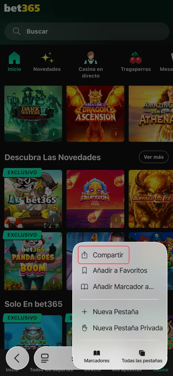 Toca el botón Compartir en Safari para guardar Bet365 en tu iPhone.