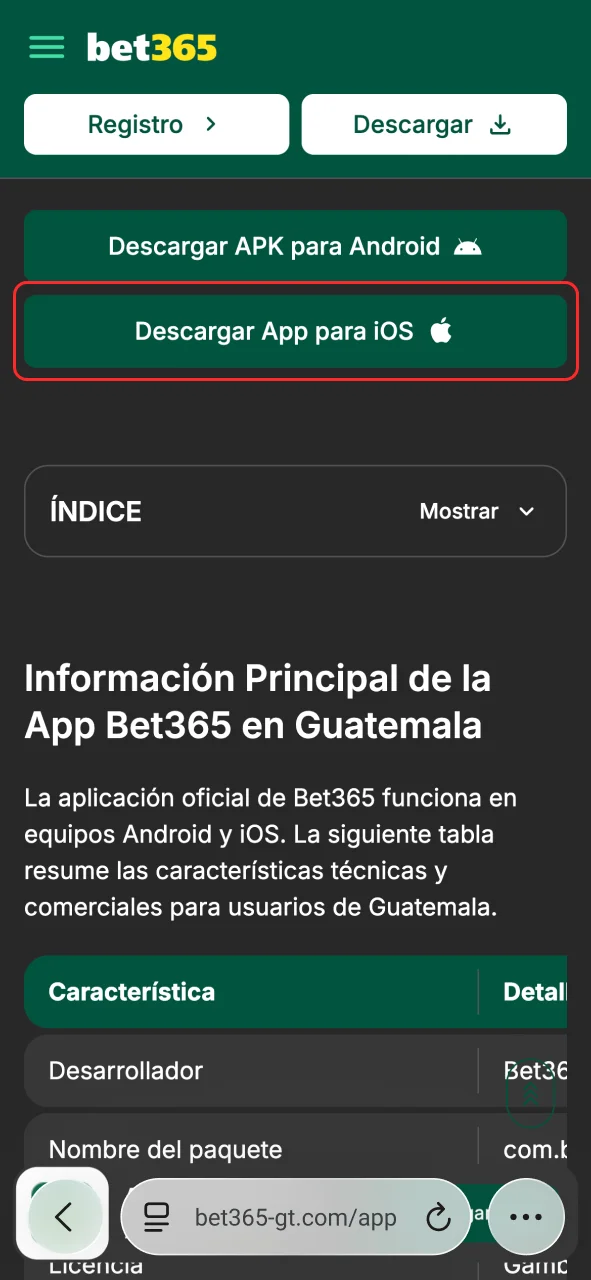 Presiona Descargar para iOS y abre la versión web de Bet365.