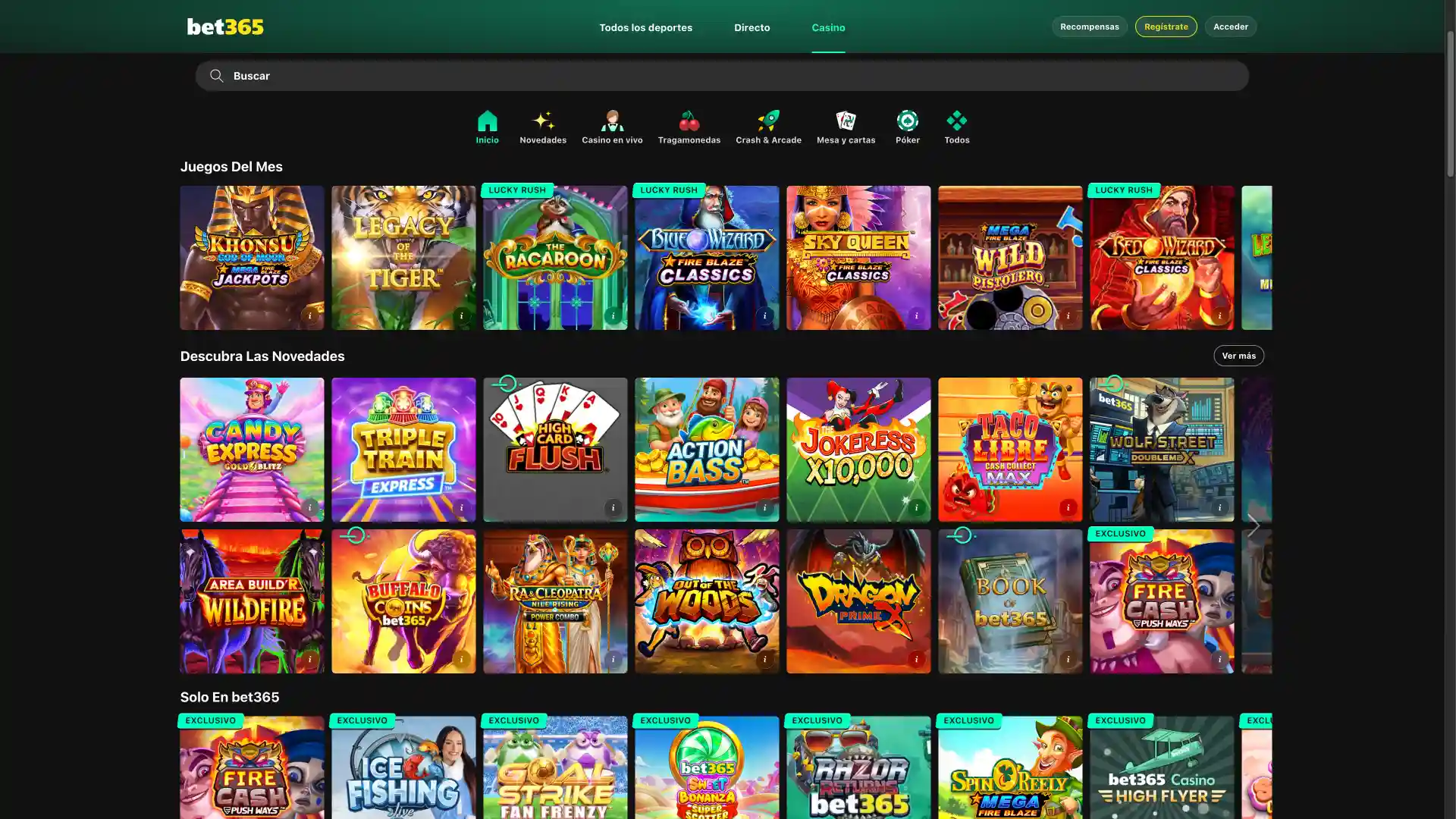 Explora la sección de casino en Bet365 y elige tu juego favorito.