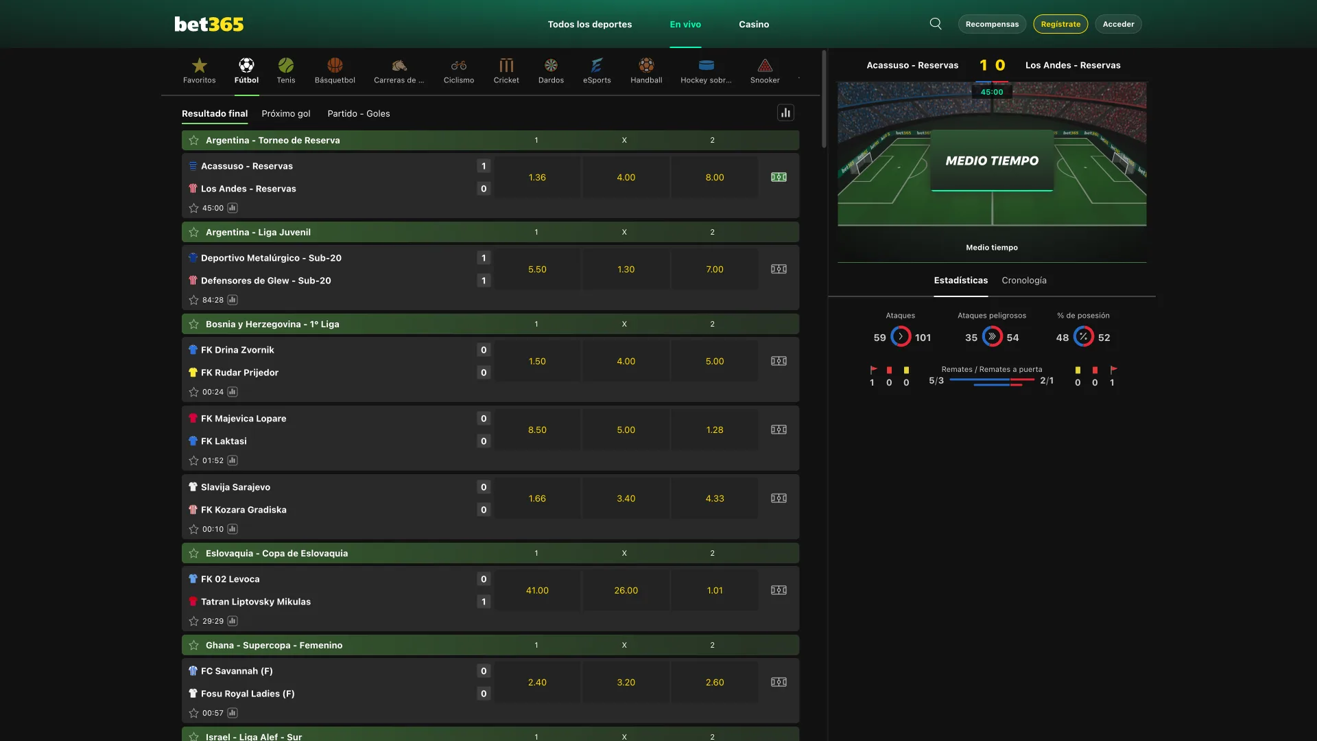 Explora la sección de deportes en Bet365 y haz tu apuesta.