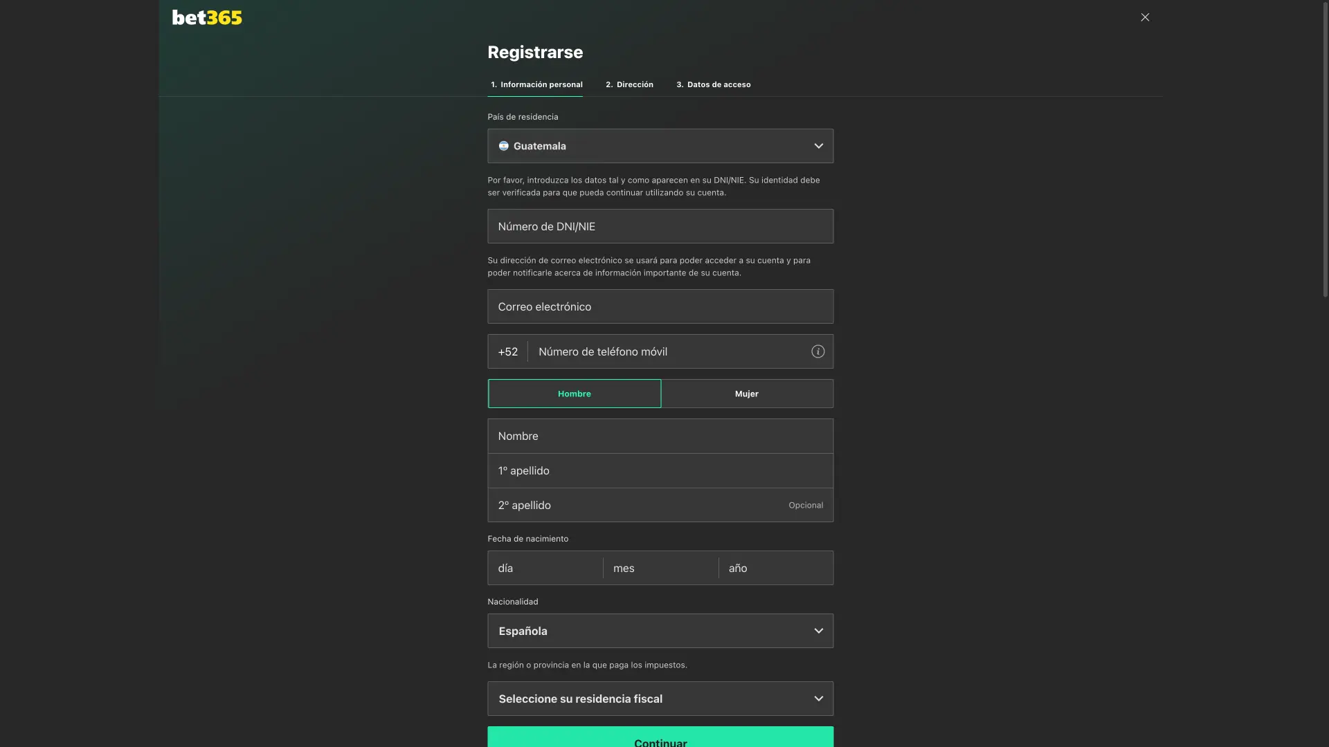 Revisa la pantalla de registro en Bet365 y completa tus datos.